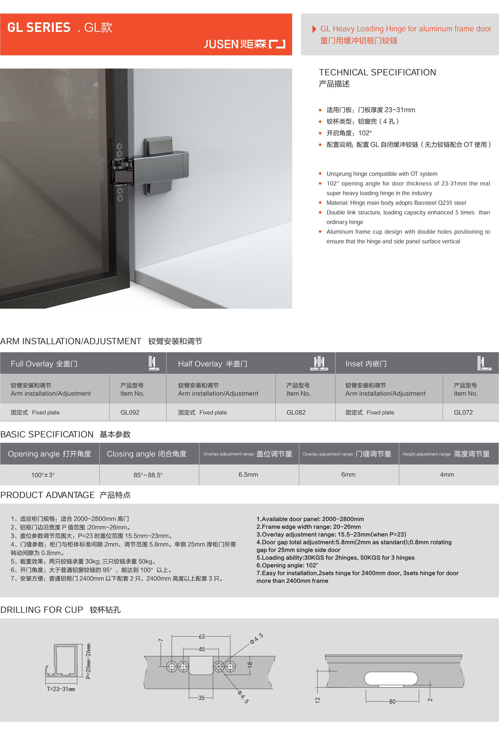 GL 款重門用緩沖鋁框門鉸鏈