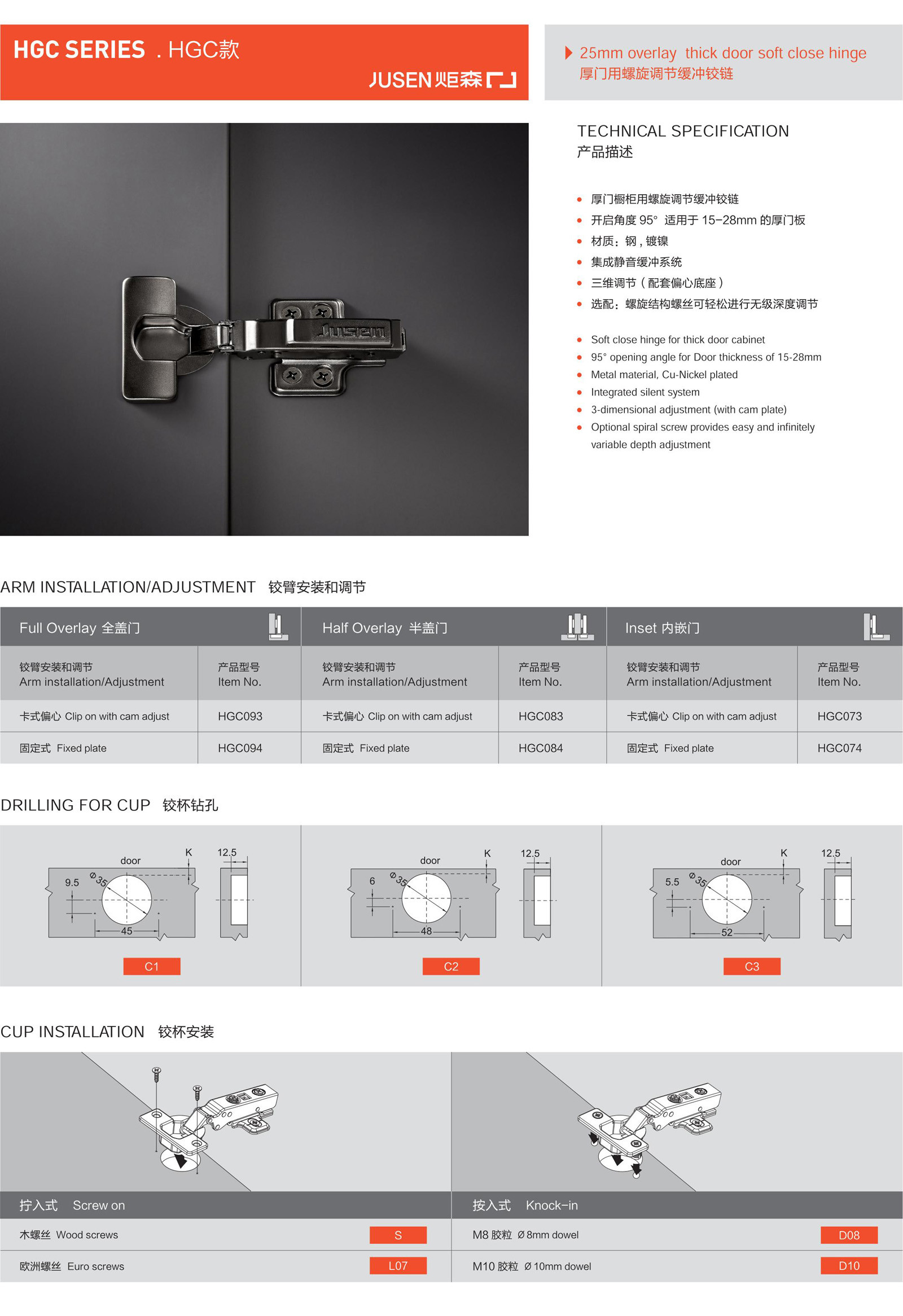 HGC 款厚門用螺旋調(diào)節(jié)緩沖鉸鏈